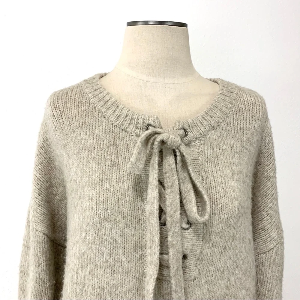 Zara- Oatmeal Lace Up Wool Blend Sweater Med - Picture 3 of 10